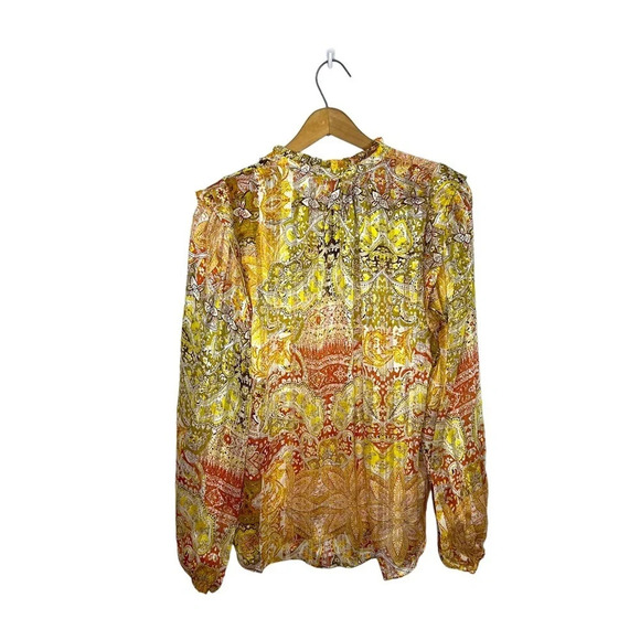 RACHEL ZOE Paisley Boho Print Metallic Stripe V Neck Popover Blouse - Picture 6 of 9